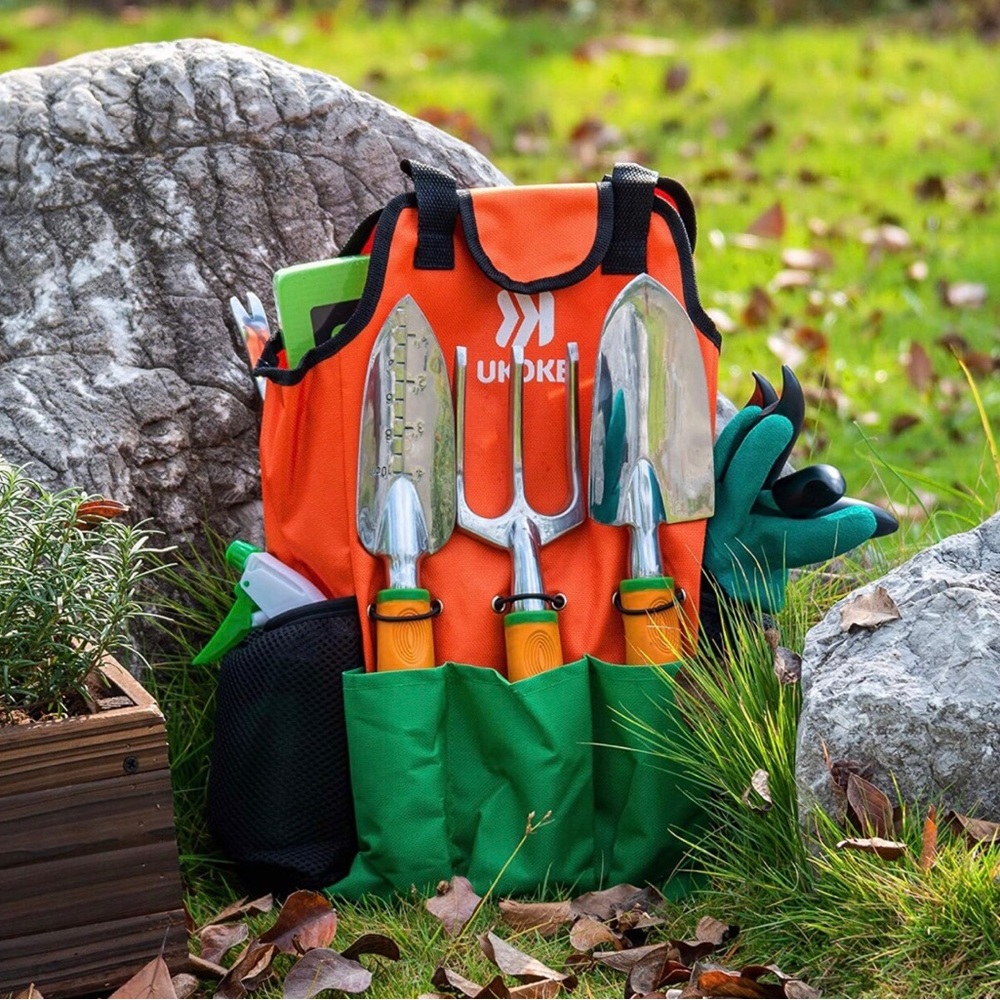 UKOKE 12pc Aluminum Garden Hand Tool Kit & Canvas Storage Apron Set
